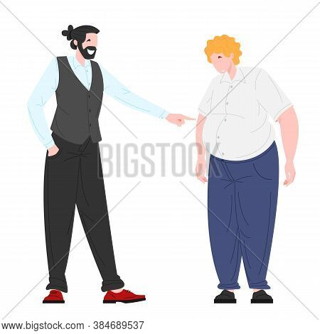 Social Bullying Concept Between Young People. Slim Guy Laughs At The Fat Young Man. Flat Cartoon Cha