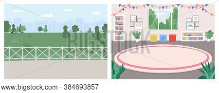 Playroom And Recreation Spot Flat Color Vector Illustration Set. Green Scene. Public Place. Kinderga