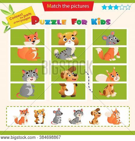 Matching Game For Children. Puzzle For Kids. Set Of Animals. Fox, Hamster, Mouse, Squirrel, Dog, Cat
