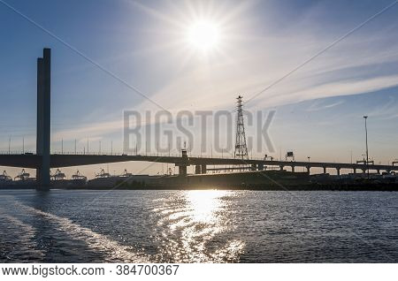 Melbourne, Australia - May 17, 2019: View Of The Bolte Bridge On The Yarra River In Silhouette. The 