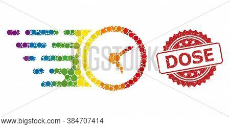 Clock Mosaic Icon Of Circle Dots In Various Sizes And Spectrum Color Tones, And Dose Corroded Rosett