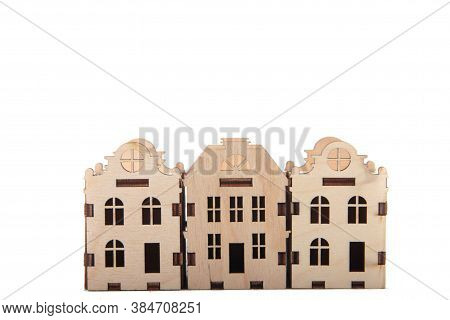 Wooden Homes For Interior Decoration Isolated On White Background. Hugge Style. Image Contains Copy 