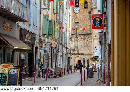 Foix, France :  2020 09 Sept, : People Walk In The Street Of The Village Foix In The South Of France
