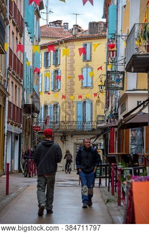 Foix, France :  2020 09 Sept, : People Walk In The Street Of The Village Foix In The South Of France