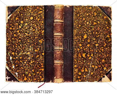 Old Open Shabby Book Cover In Colorful Abstract Decorations With Bookmark (circa 1831), Isolated On 