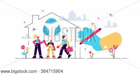 Green Home Vector Illustration. Ecological House Flat Tiny Persons Concept. Build Property With Sust