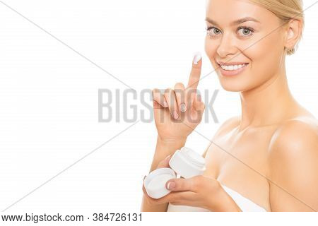 Naturally Beautiful Young Blond Haired Woman Preparing To Apply Moisturizer Smiling To The Camera Ha