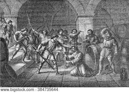 Murder of Gaudry bishop of Laon, Vintage engraving. From Popular France, 1869.