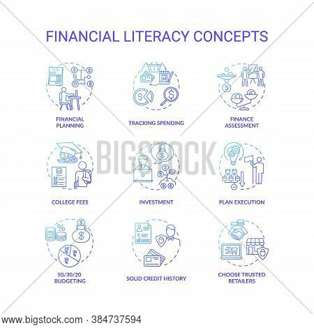 Financial Literacy Concept Icons Set. Wealthy Retirement Expectations. Best Earning Life Tips. Smart