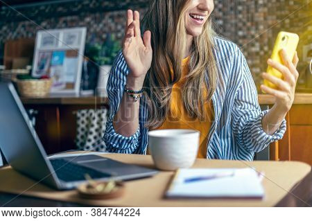 Distance Learning Online Education And Work. Business Woman Having A Facetime Video Call. Happy And 