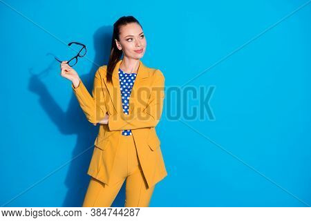 Portrait Of Her She Nice-looking Attractive Lovely Pretty Classy Chic Lady Holding In Hands Specs Ov