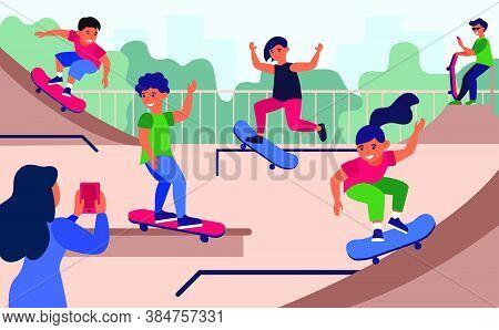 Teenagers At Skateboard Park Flat Vector Illustration. Cartoon Girls And Boys Jumping And Doing Tric