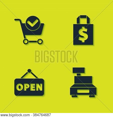 Set Shopping Cart With Check Mark, Cash Register Machine, Hanging Sign Open And Shoping Bag And Doll