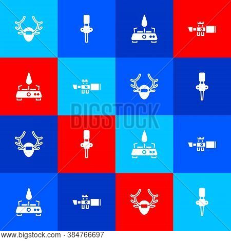 Set Deer Antlers On Shield, Torch Flame, Camping Gas Stove And Sniper Optical Sight Icon. Vector