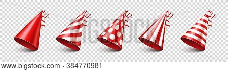 Party Shiny Hat With Ribbon On Transparent Background. Holiday Decoration. Birthday Celebration. Vec