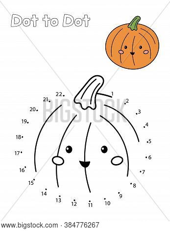Education Numbers Dot To Dot Game For Children. Coloring Page. Cute Halloween Pumpkin With Face.