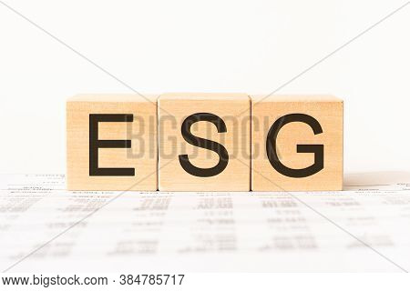 Word Esg. Wooden Small Cubes With Letters Isolated On White Background With Copy Space Available