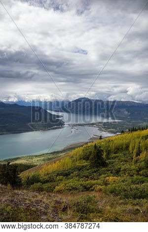 Beautiful View Of A Small Touristic Town, Carcross, Surounded By Canadian Mountain Landscape. Locate
