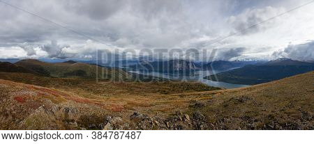 Panoramic View Canadian Nature On Top Of Nares Mountain During Fall Season. Located In Carcross, Nea