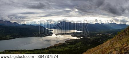 Beautiful Panoramic View Of A Small Touristic Town, Carcross, Surounded By Canadian Mountain Landsca