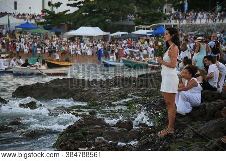 Salvador, Bahia / Brazil - February 2, 2020: Candomble Supporters And Supporters Greet Iemanja At A 
