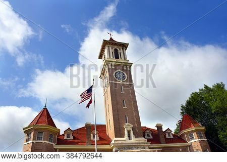 The Monroe County Courthouse Is Located In Clarendon, Arkansas.  It Has A High Clock Tower And Weath