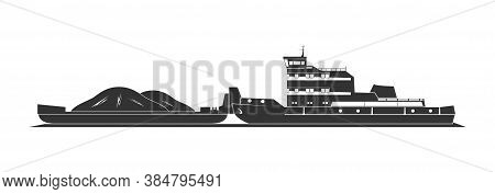 Tugboat Pushing Barges. Isolated On Background. Vector Illustration.