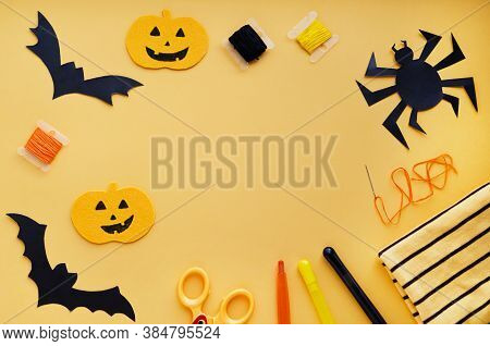 Top View Of Halloween Decorations, Sewing Items Making Textile Pumpkin Craft, Handmade Black Bats, S