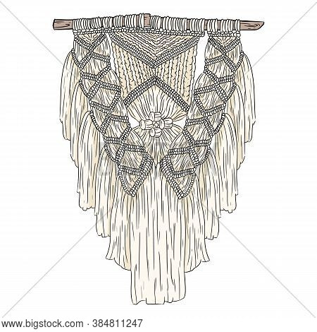 Macrame Bohemian Style Wall Hanger Doodle. Textile Knotting Design Element. Simple Mono Linear Moder