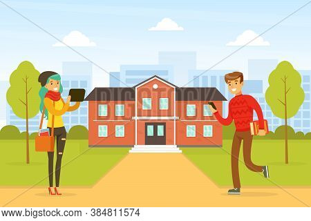 College Or University Building And Sudents In Front Of It Flat Vector Illustration