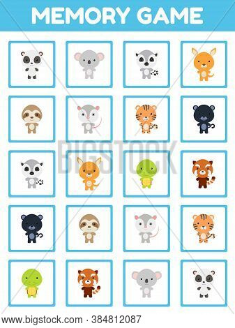 Memory Game With Cute Set Cartoon Animals. Cards Game Find Two Two Identical Pictures. Kids Activity