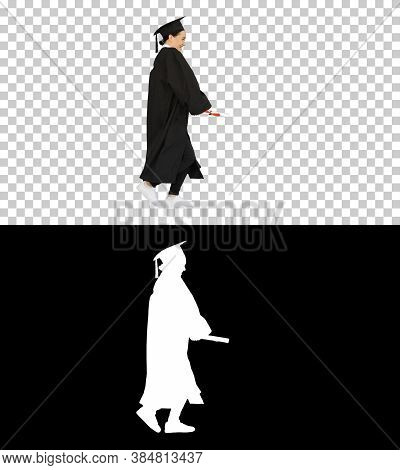 Caucasian Woman In Graduation Robe Dancing Walking, Alpha Channe