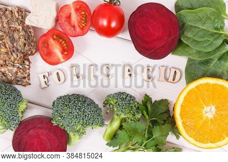Inscription Folic Acid With Nutritious Products Containing Vitamin B9, Natural Sources Of Minerals A