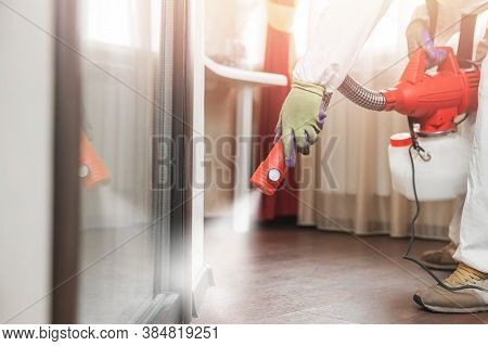 Pest Control Specialist In Hazmat Contractor Working Floor And Skirting Processing