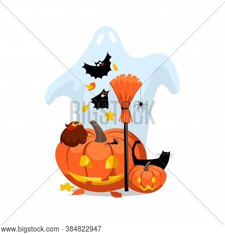 Halloween. Vector Illustration With A Ghost And A Pumpkin. Hallowmas