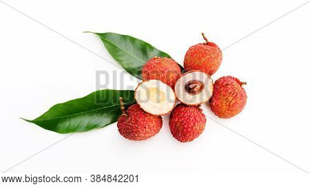 Red Litchi And Green Leaf On A White Background.