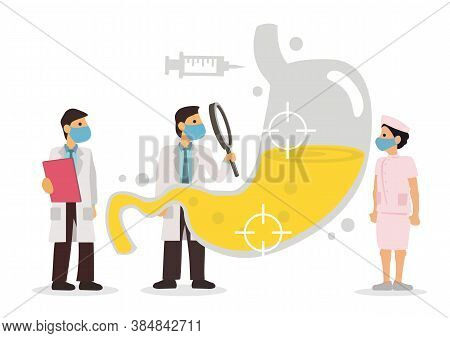 Team Of Doctors Diagnose Human Stomach. Gastroenterologist. Vector Graphic Illustration.