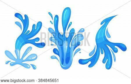 Blue Curved Water Splashes With Drops Vector Set