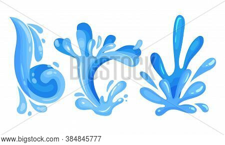 Blue Curved Water Splashes With Drops Vector Set