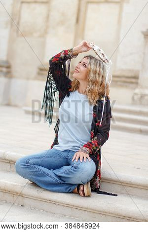 Bohemian Fashion Young Women Stis On A Street Stairs