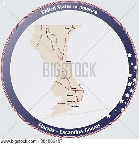 Round Button With Detailed Map Of Escambia County In Florida, Usa.