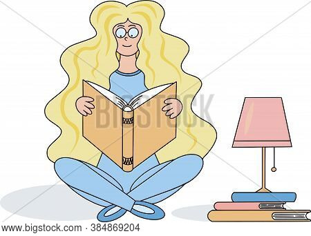 Vector Illustration Of The Reading Girl Near The Stack Of Books And Lamp.
