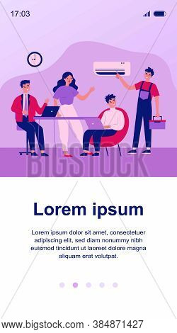 Technician Visiting Office For Air Conditioner Repair. Office Workers, Overall, Tool Box Flat Vector