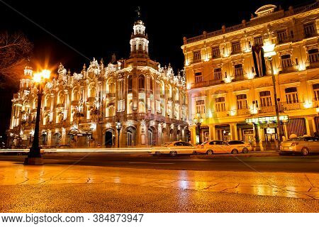 Havana, Cuba - December 13, 2016:  Night View Of The Gran Teatro De La Habana (great Theatre Of Hava