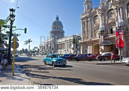 Havana, Cuba - December 11, 2016: Capitol And Traffic Near The Central Park