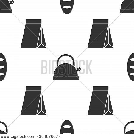 Set Bread Loaf, Kettle With Handle And Bag Of Coffee Beans On Seamless Pattern. Vector