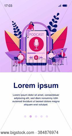 People Listening Speakers From Broadcasting Station Flat Vector Illustration. Man And Woman Listenin
