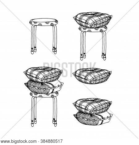 Interior Elements, Kitchen Tabouret & Sofa Cushions Made Of Plaid Material For Comfort, Cozy, Vector