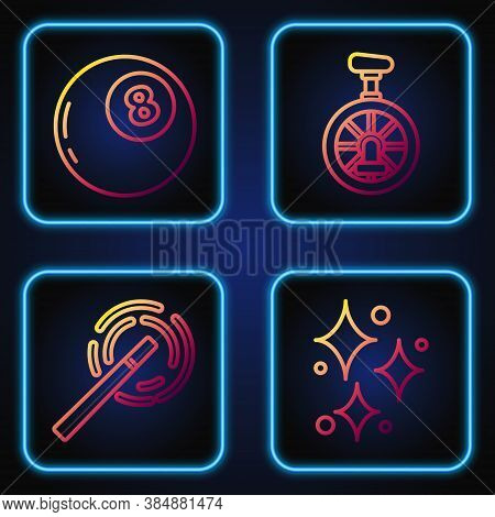 Set Line Sparkle Stars With Magical Glitter, Magic Wand, Magic Ball Of Predictions And Unicycle Or O