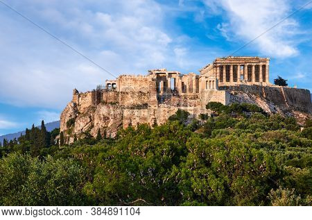 Great View Of Acropolis Hill From Pnyx Hill On Summer Day With Great Clouds In Blue Sky, Athens, Gre